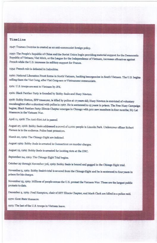 Timeline 1947 Truman Docrioe s creteda 0 it aommarit freign policy. 1950 The Peopie’ Republic o Chinn ahe Soret Unionbgiapoviding materel suppot o the Democratic Republicof Vitrr; Viet Min, o the Lague o the ndependence o Vietaan, nreses offersivs sgsnat French whie the .. ereases s ity suprt o Prance. 1954 Frsoch e dfetd n Idchins. 2960: Netonal Lieraton ront s i North Vieoam, backin nurgeie in St Viecowr. The U bgins alling thrs the Vit Cong, e Vit Cong o Vietmese st 1968 U rope are st o Vietar by . 1966 lack Pnther Party s foanded b Boby Sl an Hoey Newion. 1908:BobbyHuio, BPP reaarr i e by et 17 yeas s Huey Newton i comicted o vluntary manslacghie i shotout with plc i 1067 He s sentened 1015 years i prsn. The Fre Haey Campign o Back Pasthes ary incs Chapler enrges n Chicg with 300 pw merbers n o e My L Macscrs intheVietwam War. Apeil 1, 1968 The Ani-Rit Act i paed. Augist 27,1966 Bbby Sesle addrese acrowe o 2,500 eoplet Lincln Park. Underover e Robert Plrcn i th sdiene, Pl bes prtstor. L — gt 156: By S vt Connctinton ardrcherge TS R—— Sepember 241595 Ths Chicag Eht T e e 25 g Nowmber 3, 1965 oy Sl b g theChicg Eiht November . 1969: By Selel i svred o th Chicago Eight and be s sentenod o e yeum i prson or i hargs. Novmber 15, i96: Millors o pecpeaccsth . roetth it W, Thes rs theargetpublic: prowsstodas. Decber 4196 Fred Harnpon, chairofBPP s Chaptr, and Mack Clak e Killedin polceid. 1970 Kt Sae Massare. 197 The ot e U troop i Vitnam e,